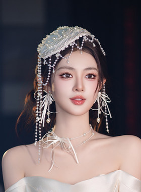 新娘轻奢高级感头饰千金风结婚珍珠流苏礼帽优雅婚纱礼服生日配饰