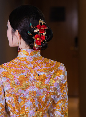 新娘头饰红色绒花发簪套装精致百搭新中式秀禾服龙凤褂结婚配饰品