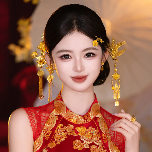 新娘高级新中式造型手工古风金色凤凰发簪花朵流苏龙凤褂旗袍发饰