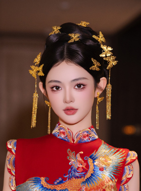 新中式旗袍国风精致蝴蝶发簪套装订婚造型高级龙凤褂新娘秀禾头饰