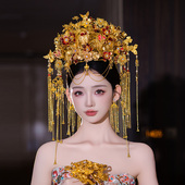 新娘头饰品中式 婚礼红金色花朵奢华重工流苏结婚龙凤褂古风大凤冠