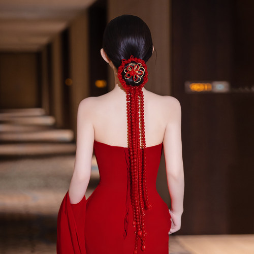 2025新娘优雅头饰红色系串珠长款流苏瀑布轻奢结婚礼服敬酒服发饰