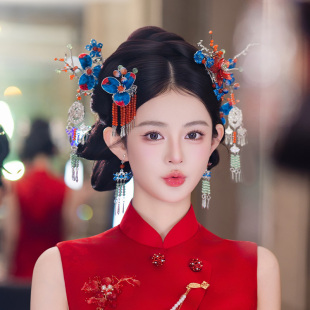 新娘发饰新款中式秀禾富贵高级非遗点翠蓝色系古风旗袍龙凤褂配饰
