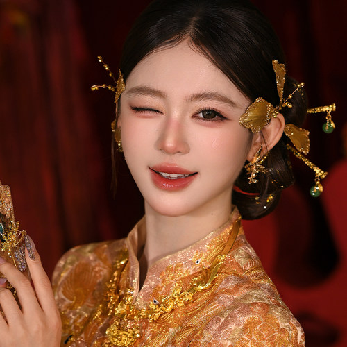 中式百搭龙凤褂新娘头饰金色碎钻高级感减龄精致大气秀禾配饰发饰
