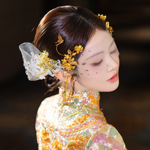爆款中式新娘头饰龙凤褂复古新颖网纱小众高级感原创精致婚礼发饰