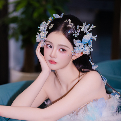 新娘爆款超仙灵动蓝色人鱼系列发饰唯美浅色系渐变结婚秀禾服发饰