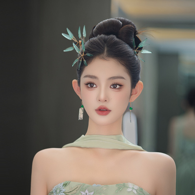旗袍小礼服发饰简约竹叶发簪新娘晨袍结婚唯美古风清冷风盘发饰品