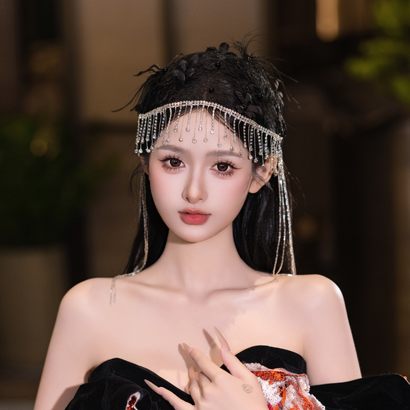 新娘小众头饰黑色羽毛复古气质流苏额饰重工名媛风婚礼高级感头饰