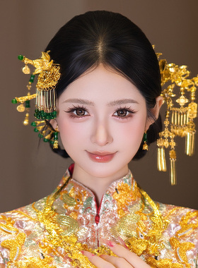 古风新娘头饰金色龙凤褂发饰原创侧边绿色串珠发钗中式百搭配饰