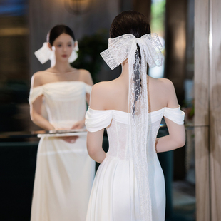 新娘头饰法式优雅蕾丝长款蝴蝶结飘带发饰新款高级感婚纱礼服配饰