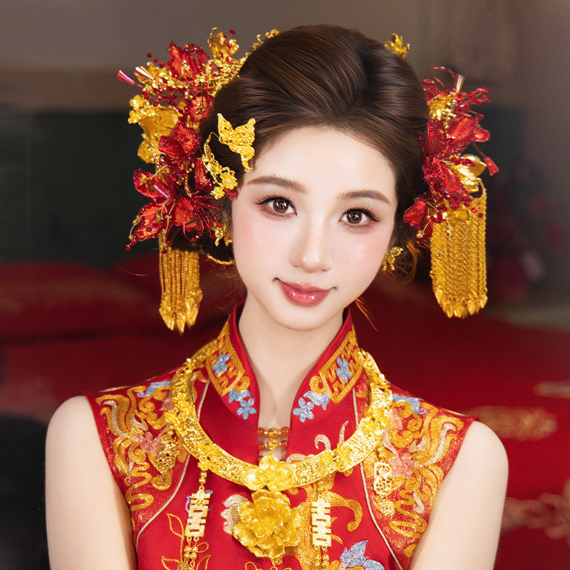 新款新娘发饰红色高级富贵旗袍精致花朵敬酒服古典龙凤褂结婚配饰