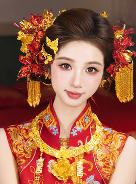 新款新娘发饰红色高级富贵旗袍精致花朵敬酒服古典龙凤褂结婚配饰