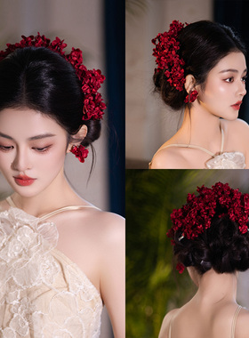 小众红色缎面手工花结婚迎客新中式新娘头饰旗袍秀禾服晨袍发饰品