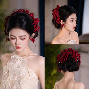 小众红色缎面手工花结婚迎客新中式新娘头饰旗袍秀禾服晨袍发饰品