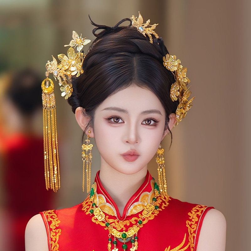 新娘发饰高级感古风侧边饱满镂空花朵凤凰发簪婚礼旗袍龙凤褂发饰