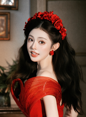 红色花朵头饰新娘大气婚礼皇冠发箍复古造型高级感结婚敬酒服发饰