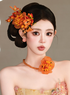 新中式新娘发饰秋天氛围感石榴仿真玫瑰花晨袍婚礼造型头饰品套装