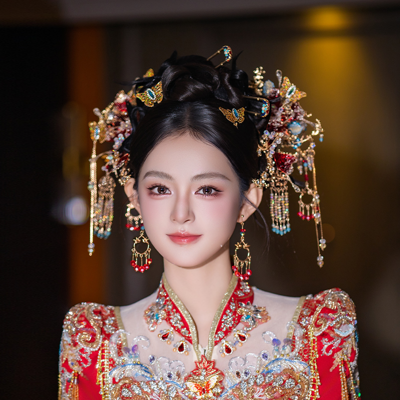 中式新娘头饰甜美红色花朵蝴蝶步摇精致复古秀禾服龙凤褂婚礼发饰
