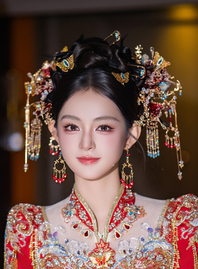 中式新娘头饰甜美红色花朵蝴蝶步摇精致复古秀禾服龙凤褂婚礼发饰