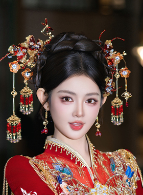 新中式秀禾头饰高级红色水凝胶花发簪新娘汉服结婚拍照甜美发饰品