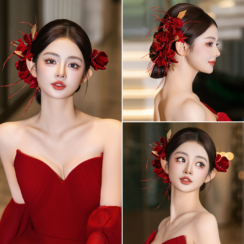 新中式新娘头饰敬酒服订婚红色系手作羽毛花朵高级感国风减龄发饰