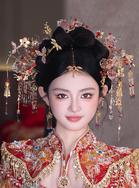 中式婚礼手工造液花浅色系凤钗古装发饰复古汉服新娘传统头饰套装