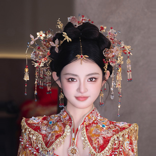 发饰复古汉服新娘传统头饰套装 中式 婚礼手工造液花浅色系凤钗古装