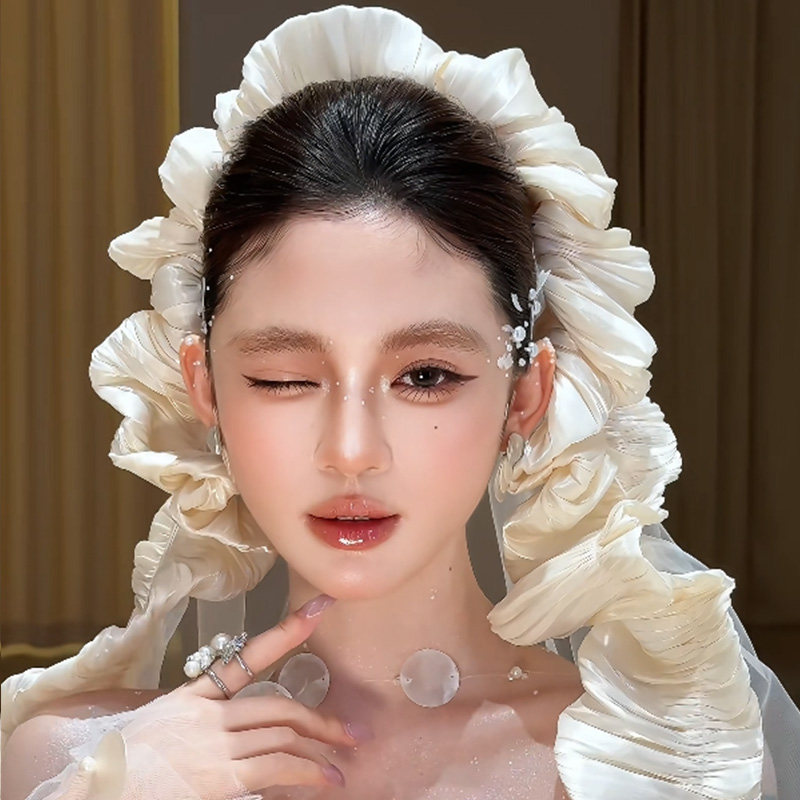 新款法式新娘头饰缎面超大发圈头纱发饰套装韩式婚礼跟妆造型配饰