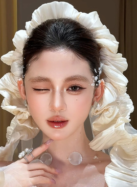 新款法式新娘头饰缎面超大发圈头纱发饰套装韩式婚礼跟妆造型配饰