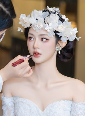 新娘发饰复古法式手作绢纱花朵唯美气质晚礼服婚纱造型时尚配饰品
