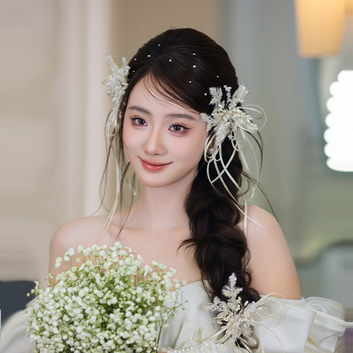 2025新款新娘韩系飘带发饰串珠精致发夹温柔唯美氛围感配饰品套装