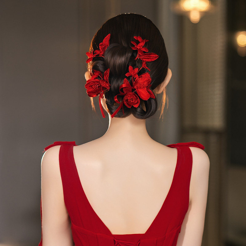 红色新娘发饰高级手作仿真花朵森系质感晨袍婚礼敬酒结婚新款配饰