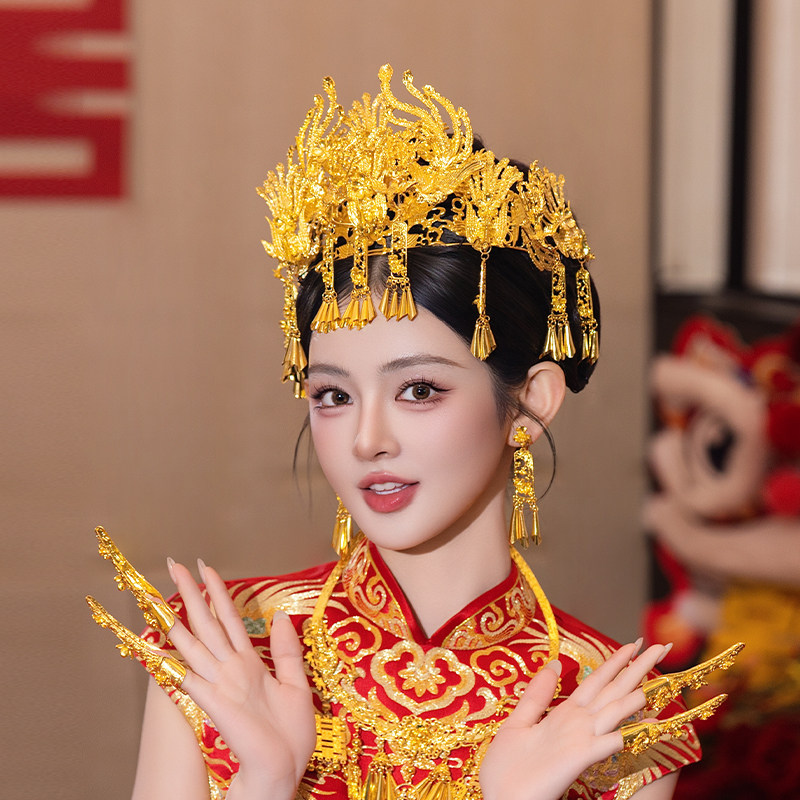 新娘敬酒中式金色凤冠发饰宫廷华丽大气流苏龙凤褂结婚高级感头饰