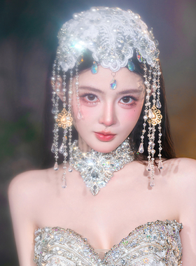 高级感重工新娘闪钻蕾丝串珠流苏纱帽甜美灵动婚纱礼服轻奢帽链品