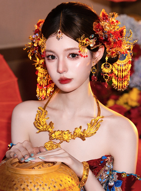 中式新娘重工金红撞色高端秀禾头饰华丽国风大气秀禾服龙凤褂头饰