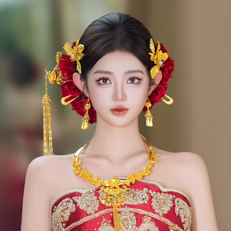 新娘发饰中式婚礼高级感复古花朵金色发钗秀禾古风龙凤褂造型发饰
