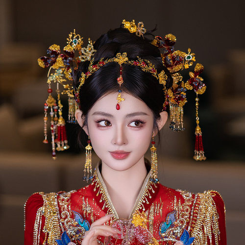 中式新款秀禾新娘头饰品高级感红金色凝胶花减龄百搭气质古风发饰