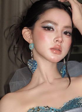 海洋之心仙女风甜美夸张蓝色爱心大耳钉耳环高级感新娘轻奢耳饰品
