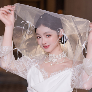 新娘法式复古铃兰花流苏头纱仙美婚纱造型蝴蝶结丝带礼服领证头饰