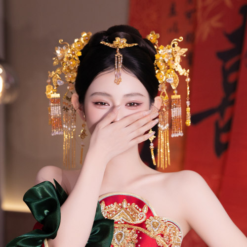 新娘中式造型古风琉璃花朵眉心坠复古流苏发簪秀禾服龙凤褂发饰品