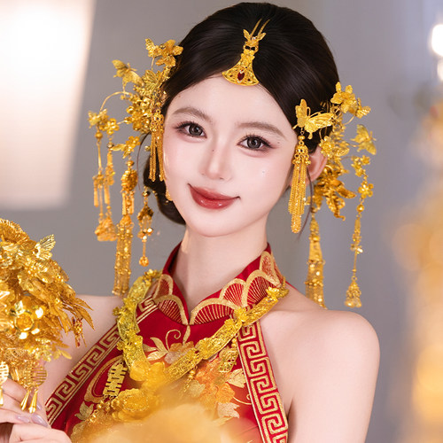 新娘新款金色龙凤褂出嫁头饰新中式奢华百搭大气灵动蝴蝶结婚发饰