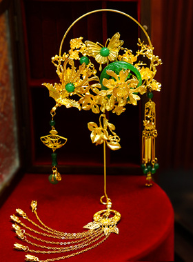 新娘新中式婚礼配饰贵气感传统汉服龙凤褂金绿色凤凰蝴蝶流苏团扇