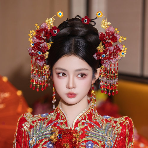 新款中式新娘头饰红色宫廷凝胶花古风高级感原创减龄秀禾婚礼配饰