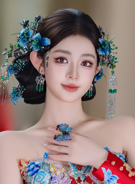 新娘发饰高级新款蓝色系复古仿真羽毛蝴蝶流苏婚礼古典晨袍发饰品