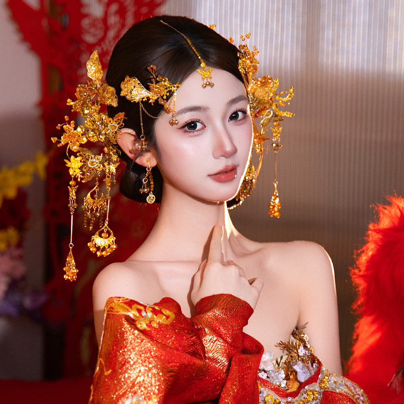 新娘头饰氛围减龄中式婚礼蝴蝶眉心坠龙凤褂富贵重工古典结婚发饰