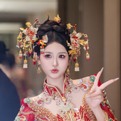 新款 中式 新娘秀禾服头饰金红色重工高级纯手工汉服龙凤褂婚礼发饰