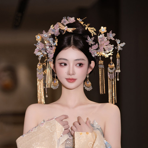 新娘减龄古风浅色唯美头饰中式秀禾甜美花朵发簪晨袍龙凤褂配饰品