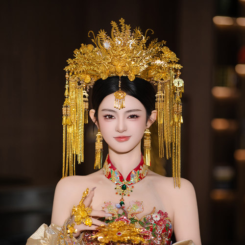 2025新娘头饰高端龙凤冠秀禾服礼服金色整冠大气奢华凤冠霞帔发饰
