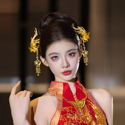 新娘中式凤凰结婚复古迎亲高级感流苏龙凤褂旗袍宫廷华丽大气发饰