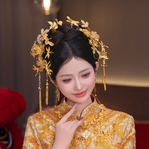 新娘复古金色流苏秀禾头饰中式婚礼古典蜻蜓发簪汉服古装减龄发饰